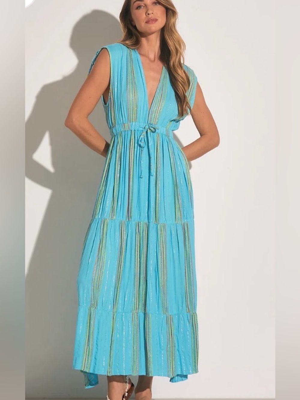 Elan Turquoise Striped V-Neck Tiered Maxi Dress